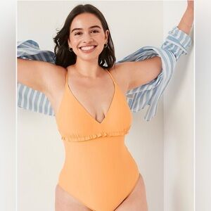 Old Navy V-Neck Ruffle-Trim Cutout One-Piece Swimsuit, Sz Large